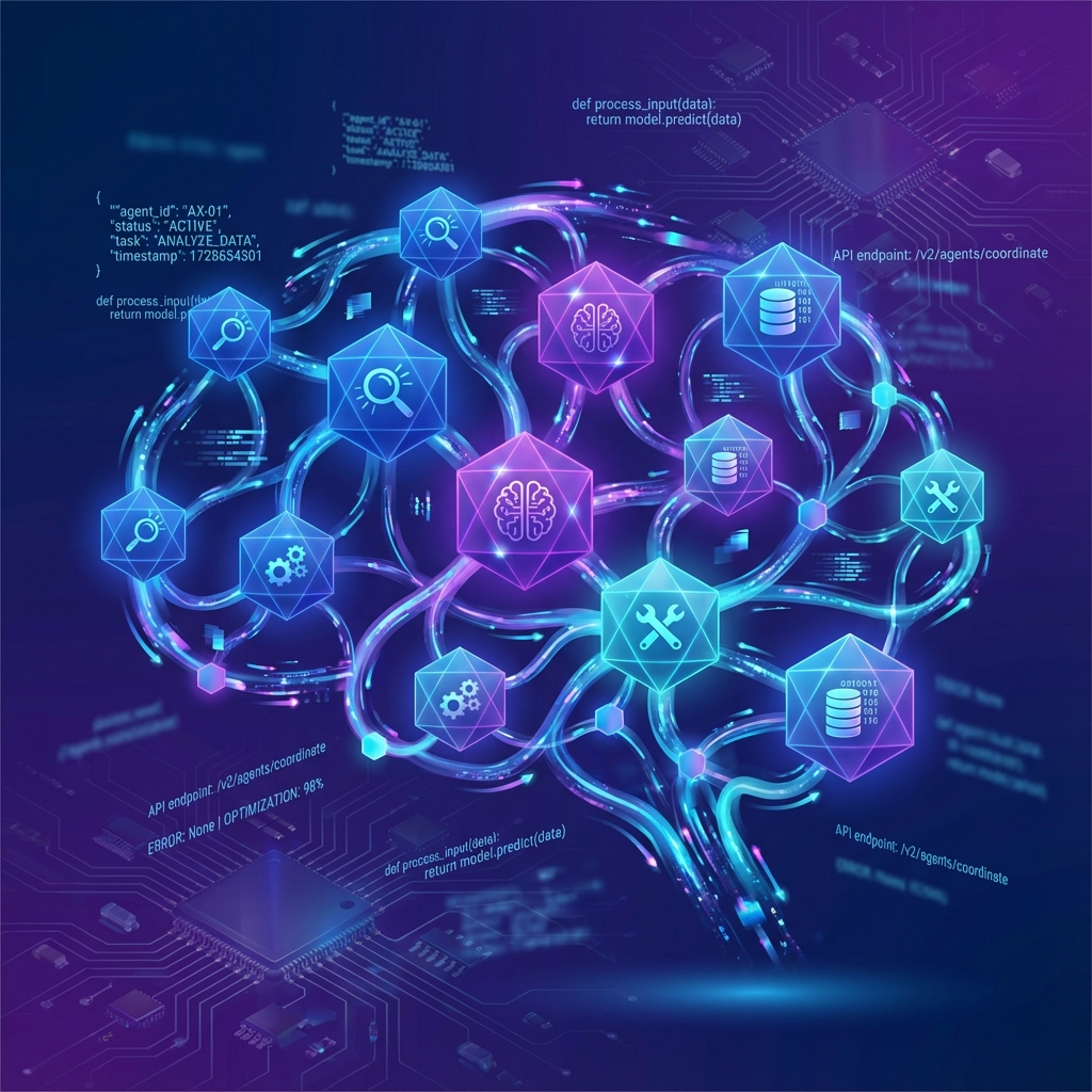 Illustration des systèmes d’agents IA avec architecture multi-agents et capacités autonomes d’intelligence artificielle