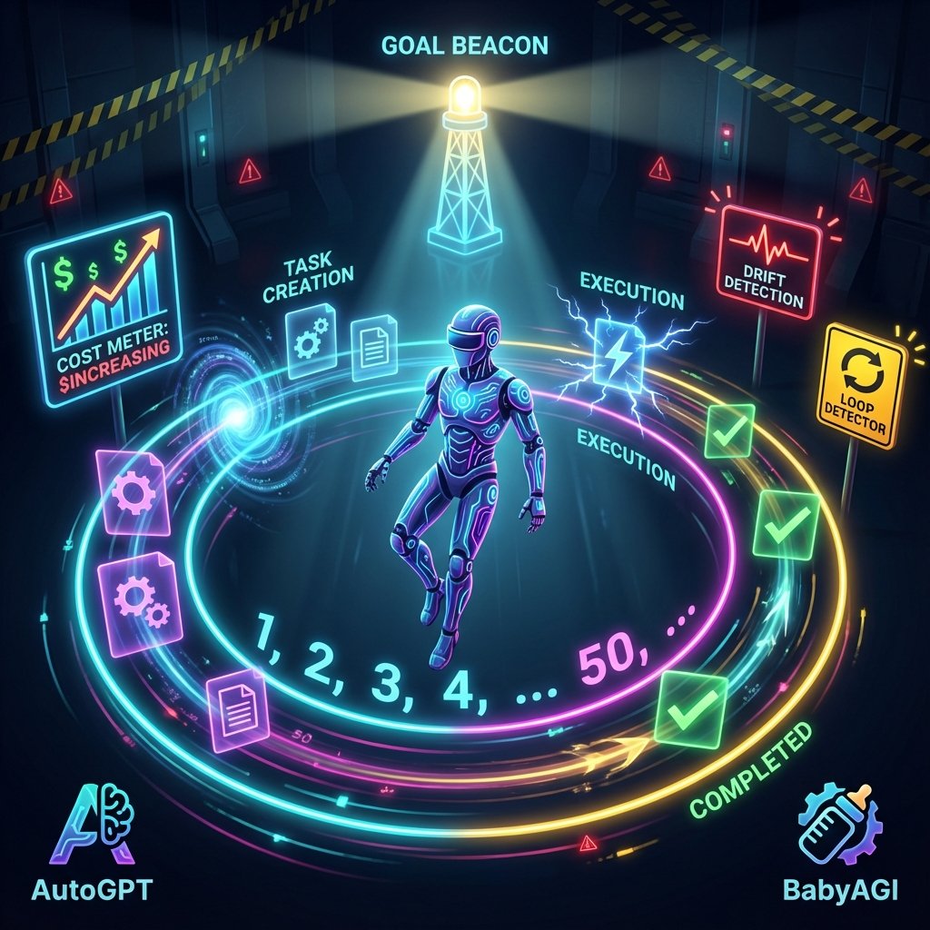 Schéma illustrant AutoGPT et BabyAGI, frameworks d’agents autonomes dans les systèmes d’agents d’intelligence artificielle