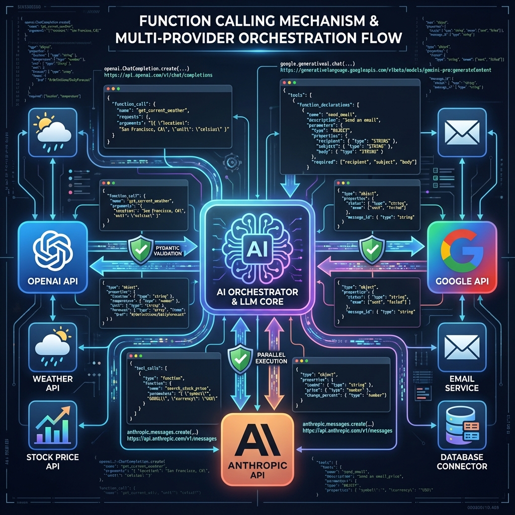 Schéma illustrant le function calling pour agents IA dans les systèmes d&rsquo;agents d&rsquo;intelligence artificielle