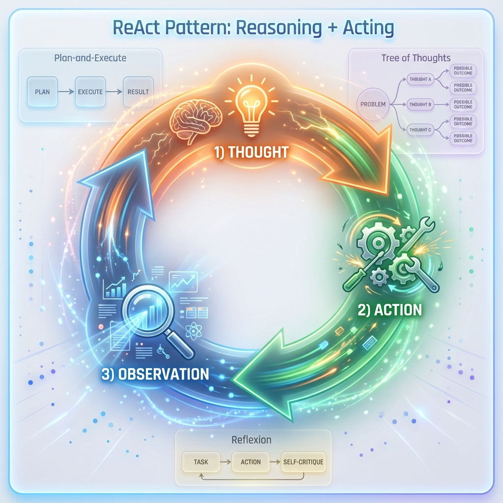 Schéma illustrant le pattern ReAct (Reasoning and Acting) dans les systèmes d’agents d’intelligence artificielle