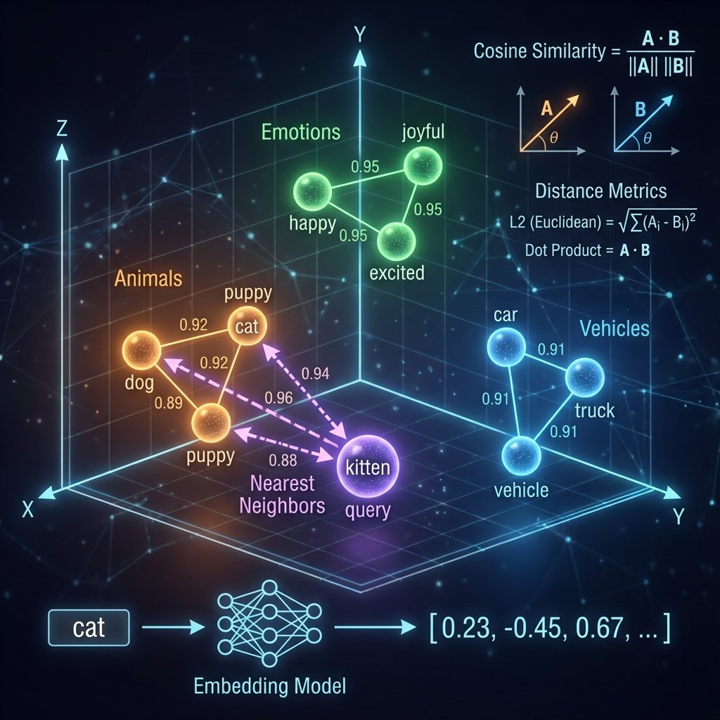 Diagramme technique illustrant les embeddings et la recherche par similarité pour les bases de données vectorielles utilisées en IA