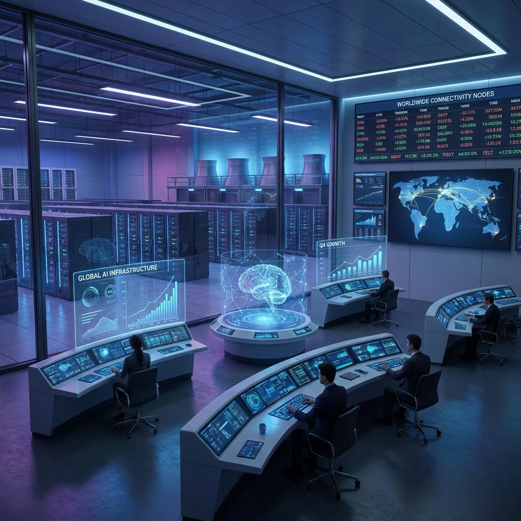 Une salle de contrôle futuriste illustrant l'industrialisation massive de l'IA en janvier 2026 IA 2026 : Industrialisation massive