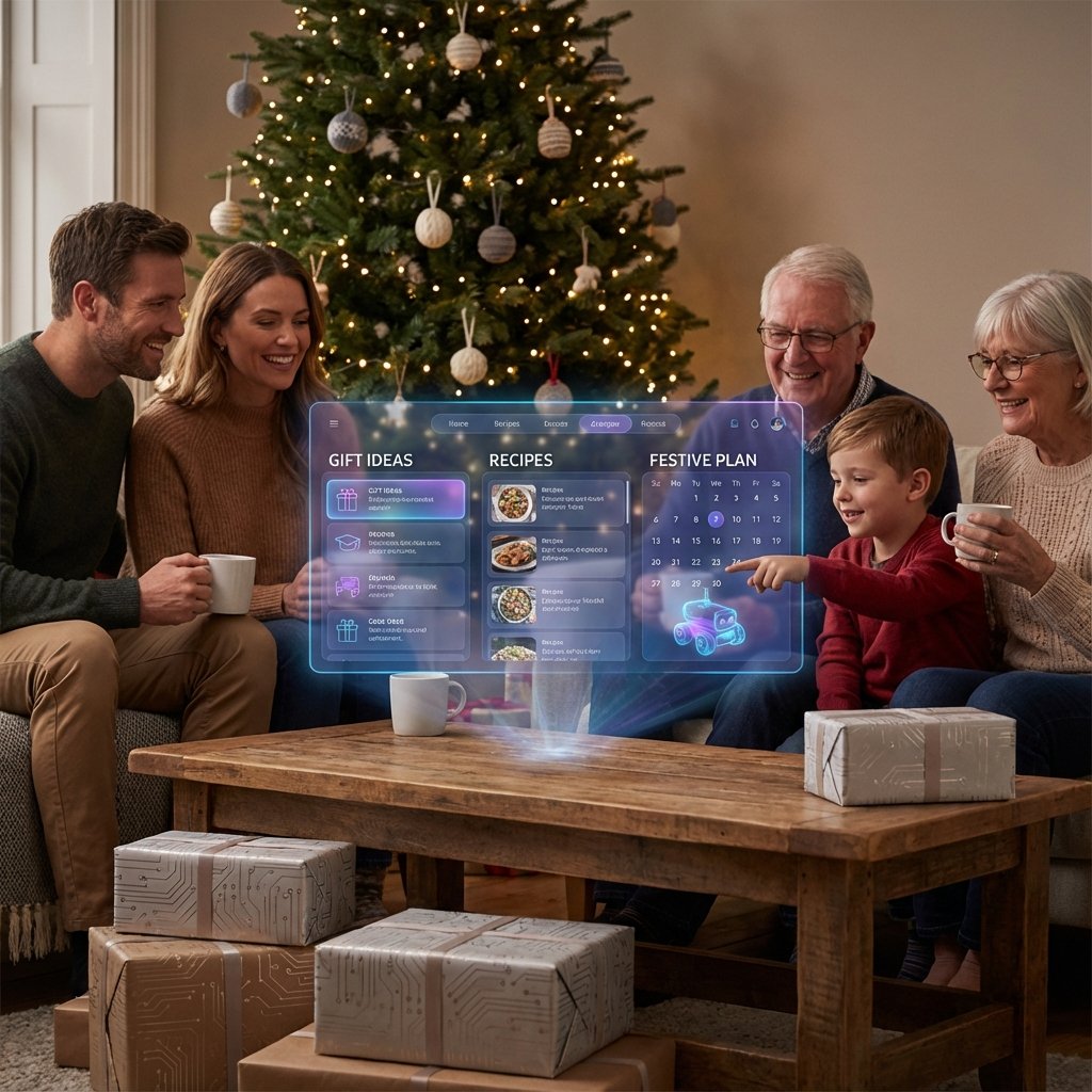 Scène de Noël moderne avec assistant IA holographique intégré naturellement dans le quotidien familial Noël 2025 : l’IA est devenue normale dans les foyers