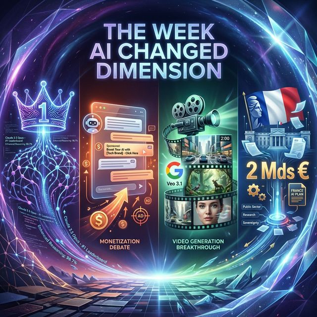 Illustration du changement de dimension de l'industrie IA en février 2026 : Claude 3.7 Sonnet, publicité ChatGPT, Veo 3.1 et plan IA français à 2 milliards d'euros Récap IA semaine du 9-15 février 2026 : Anthropic n°1 du Chatbot Arena, publicité OpenAI, Veo 3.1 et plan IA français