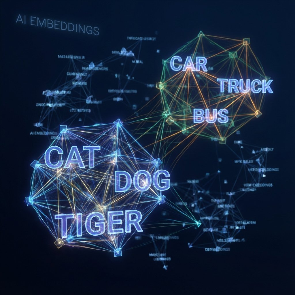 illustration moderne et futuriste représentant le concept des embeddings en intelligence artificielle