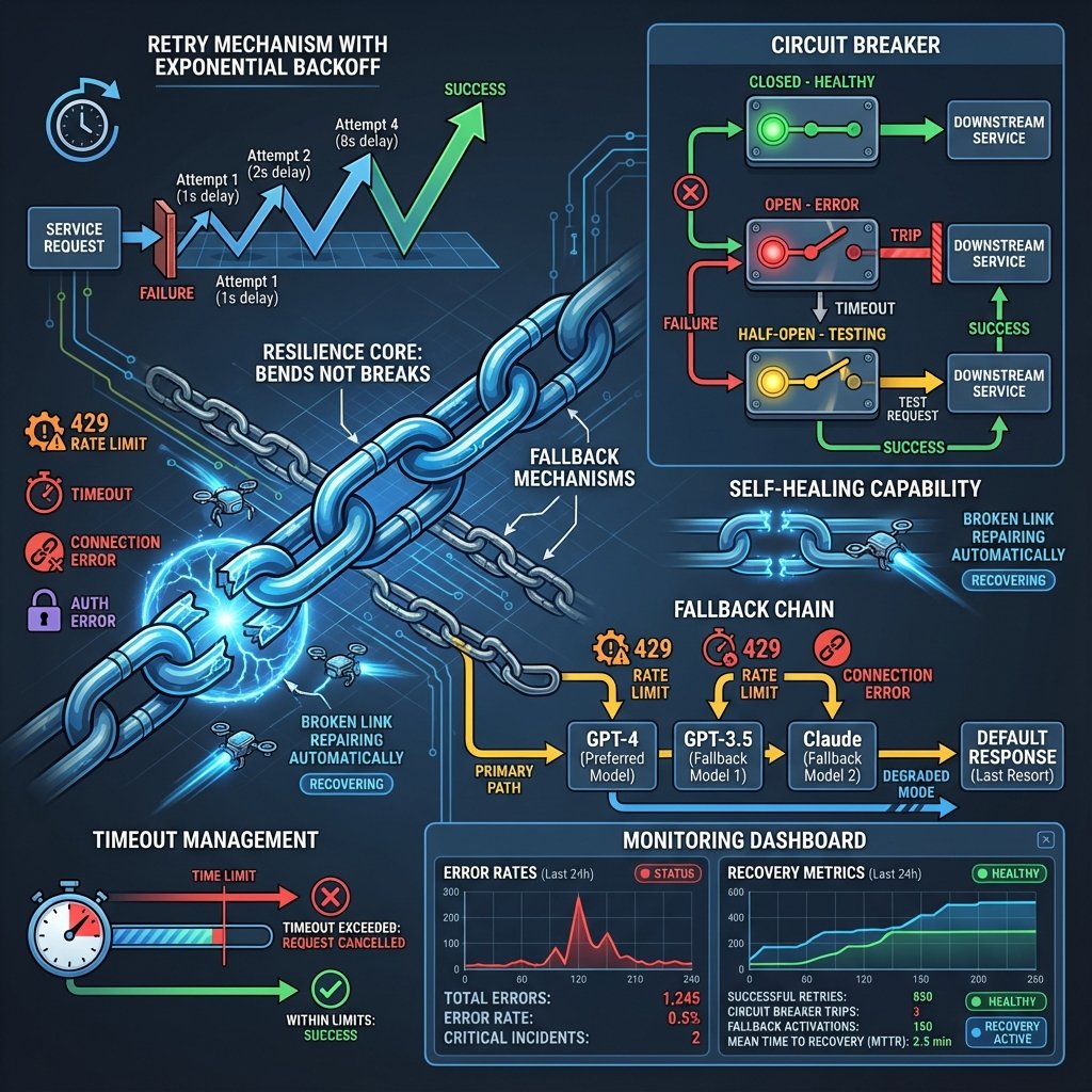 Diagramme d’architecture LangChain illustrant la gestion des erreurs et la résilience pour le développement d’applications IA