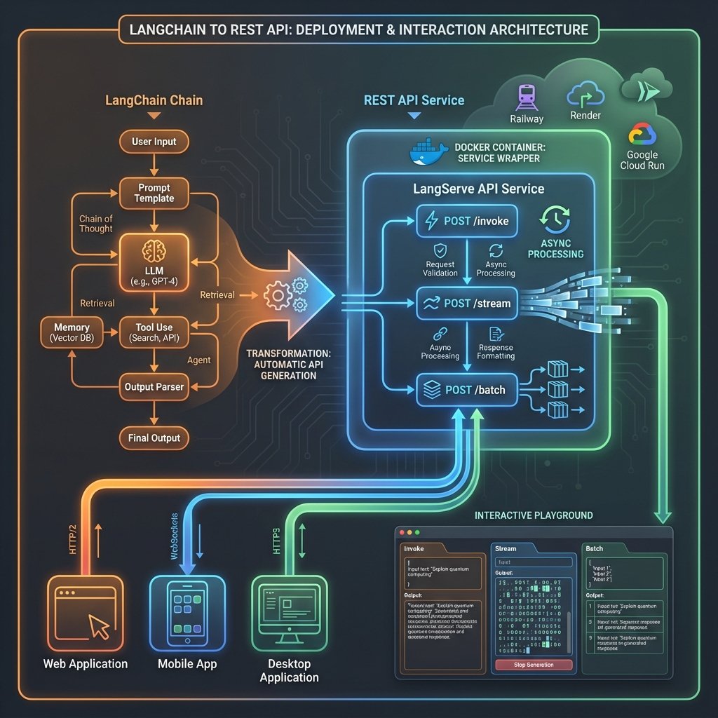 Diagramme d’architecture LangChain illustrant LangServe pour déployer des applications pour le développement d’applications IA