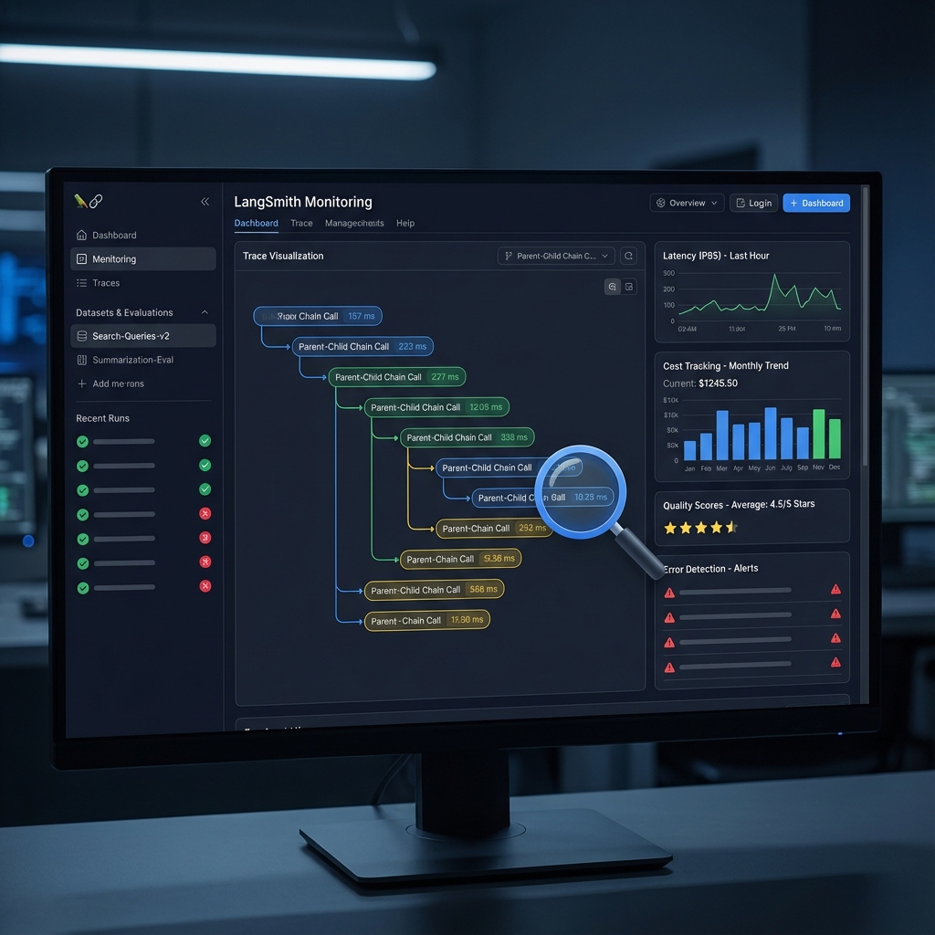 Diagramme d&rsquo;architecture LangChain illustrant LangSmith pour le monitoring et debugging pour le développement d&rsquo;applications IA