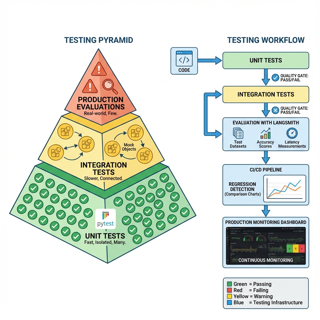 Diagramme d’architecture LangChain illustrant le testing et l’évaluation pour le développement d’applications IA