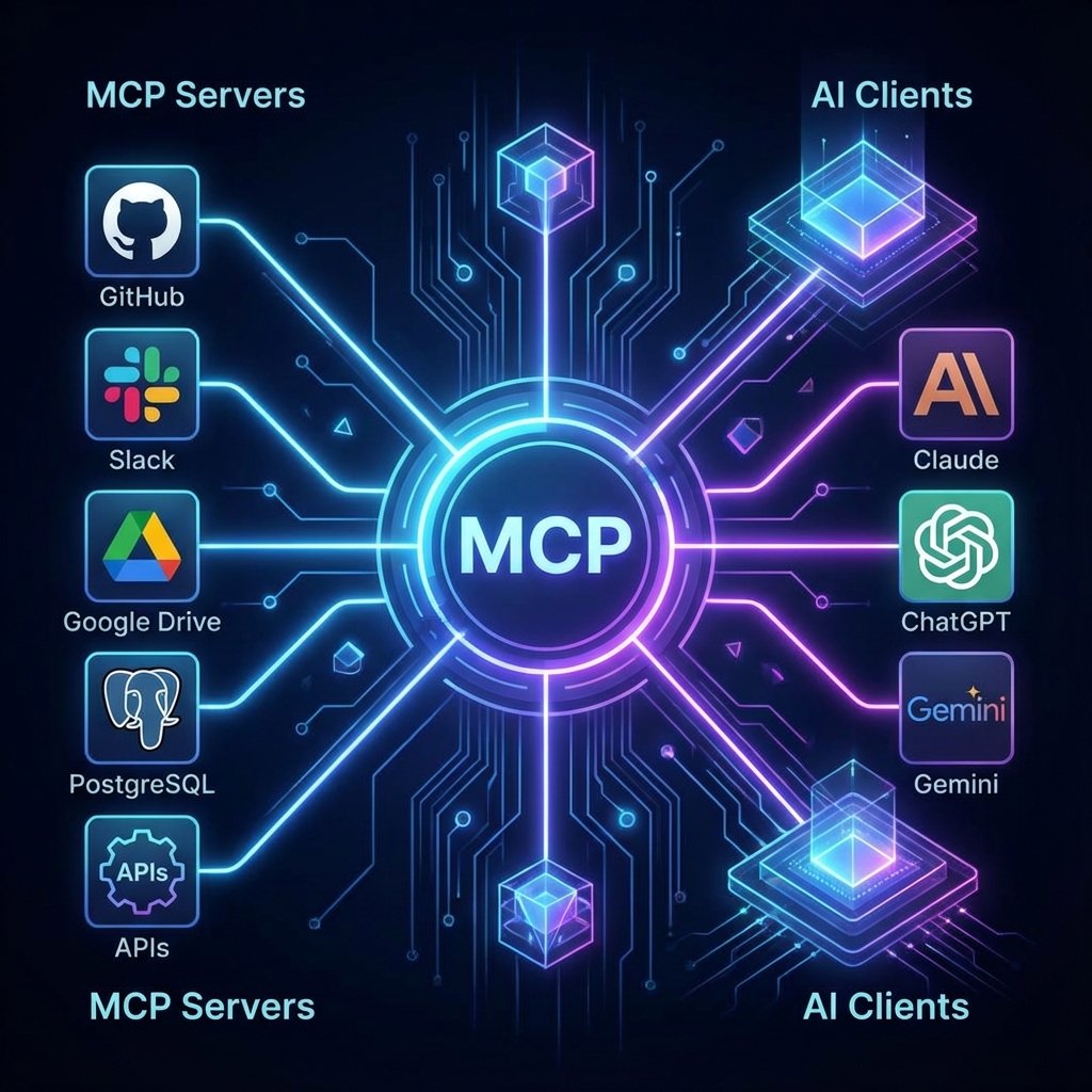 Architecture MCP : connexion standardisée entre IA et sources de données Illustration du Model Context Protocol (MCP) : architecture standardisée reliant les IA aux outils