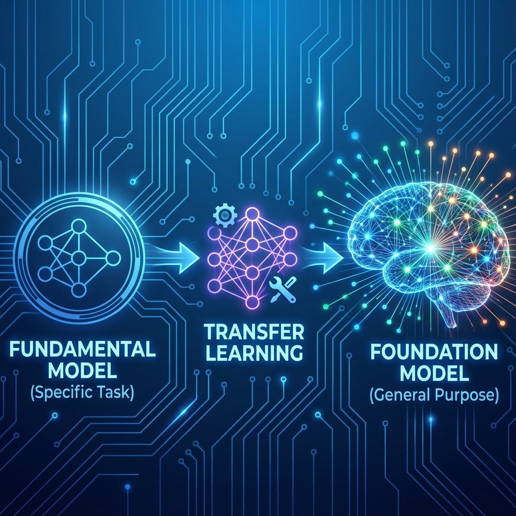Schéma d'un modèle d'IA en évolution Une infographie montrant une progression visuelle des types de modèles. À gauche, un petit réseau de neurones simple étiqueté “Modèle fondamental”, relié par une flèche à un réseau plus complexe au centre étiqueté “Modèle de transfert”. À droite, un immense réseau de neurones multicolore étiqueté “Modèle de fondation”