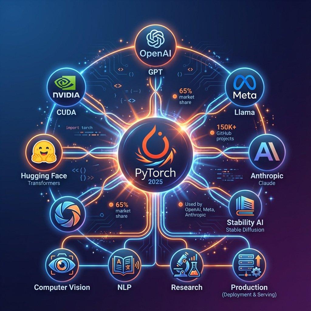 Une illustration montrant PyTorch au centre, entouré de logos d&rsquo;entreprises et projets célèbres qui l&rsquo;utilisent