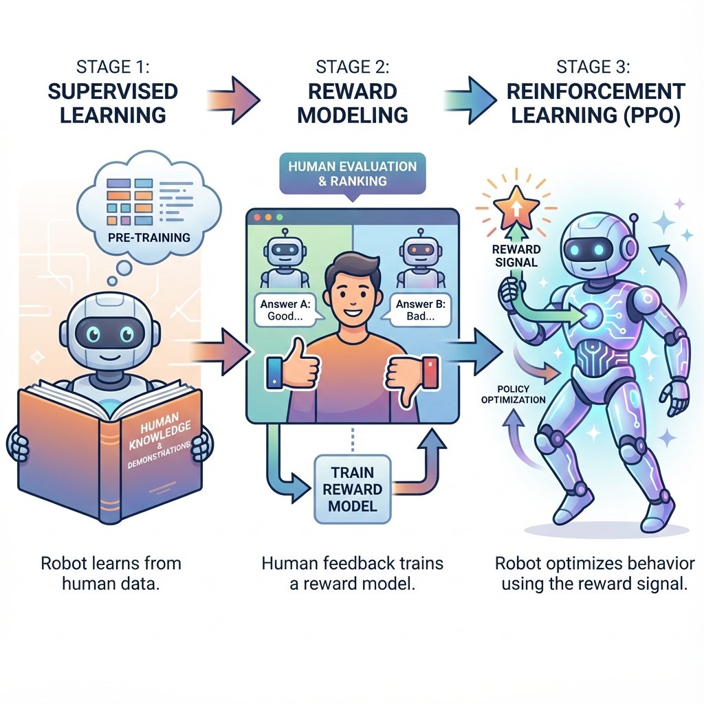 Illustration détaillée de le RLHF (Reinforcement Learning from Human Feedback)