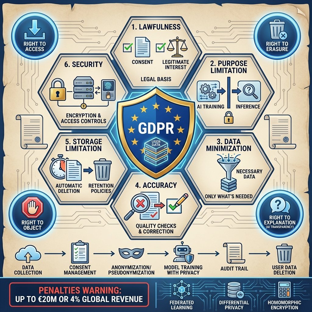 Schéma de sécurité IA illustrant la conformité RGPD pour les systèmes d&rsquo;IA et les bonnes pratiques pour protéger les modèles