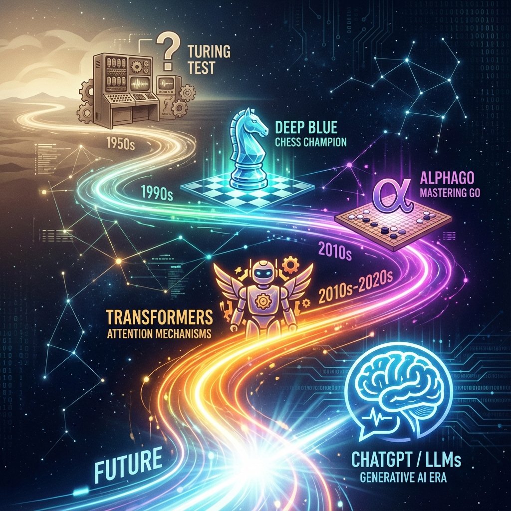 Illustration détaillée du concept timeline de l&rsquo;ia en intelligence artificielle avec exemples pratiques et schémas explicatifs