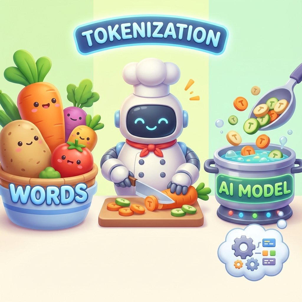 Analogie recette de cuisine Une scène ludique et métaphorique : à gauche, des ingrédients bruts étiquetés “Mots” ; au centre, un chef IA qui les découpe en morceaux étiquetés “Tokens” ; à droite, un plat cuisiné savoureux étiqueté “Texte IA généré”