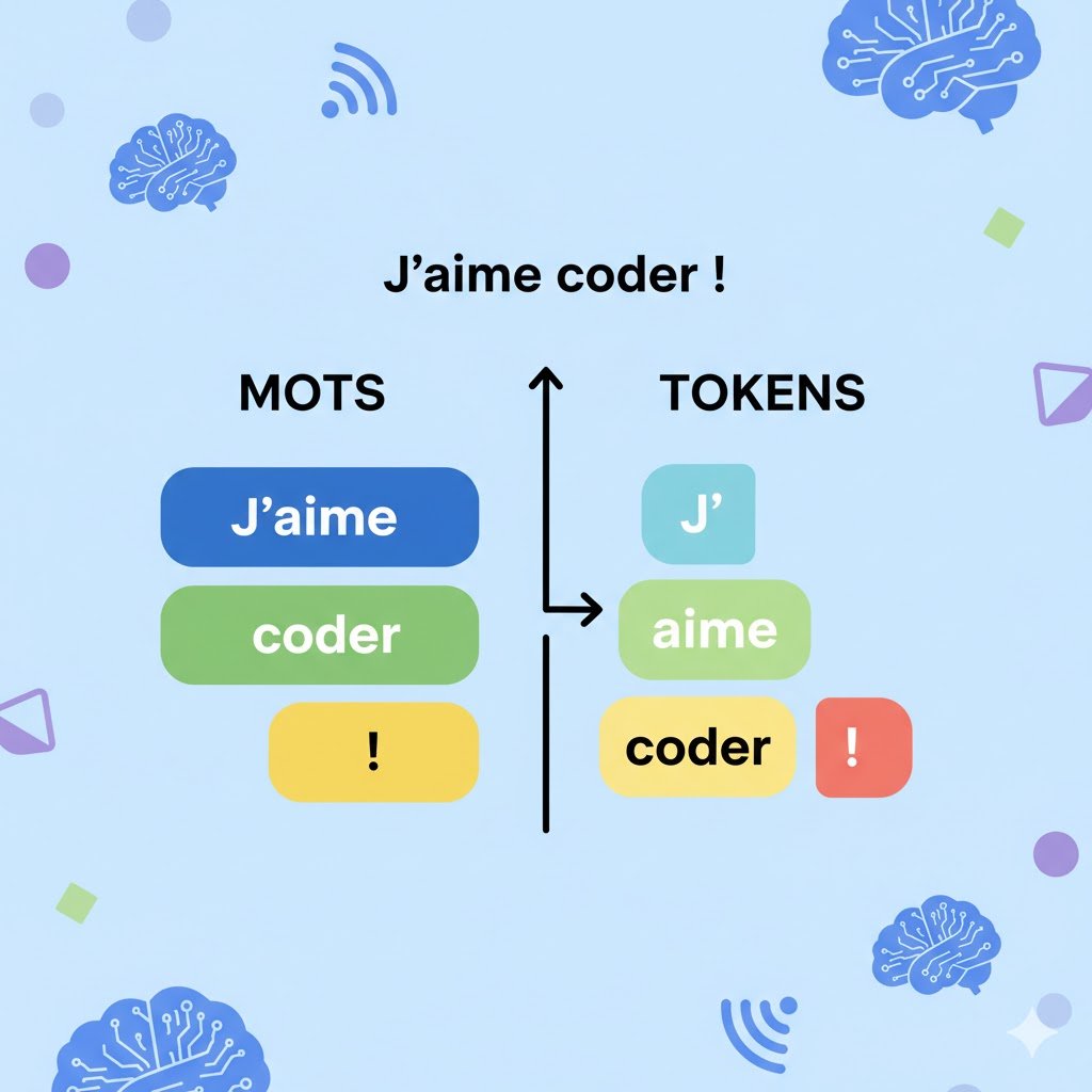 Comparaison tokens vs mots Une illustration schématique et colorée montrant une phrase simple en français divisée en deux colonnes : à gauche, les “mots” ; à droite, les “tokens”